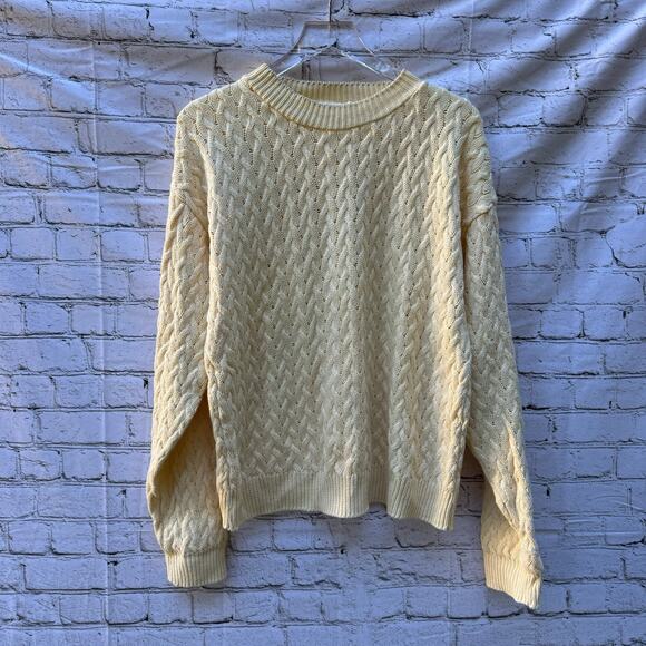 Talbots Vintage Sweater Cableknit Made USA Cream Chunky Fisherman Large Crew - Picture 1 of 7